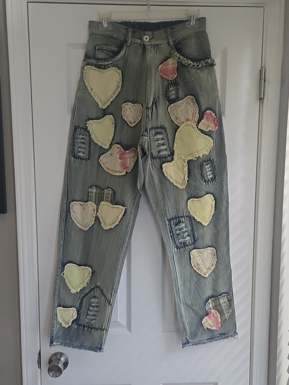Relaxed Boyfriend Jeans with Yellow Heart Patches